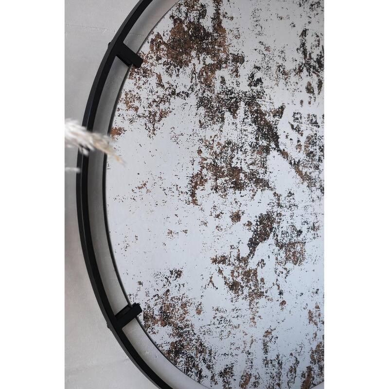 Black Iron Round Wall Mirror with Antique Finish, Vertical Accent Design - 0.7” x 31.5” x 31.5” (D x W x H)