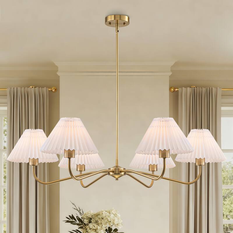 Starsky 6-Light Chandelier with Pleated Fabric Shades Handmade Black & Gold for Dining Room, Kitchen, Living Room and Foyer - Gold