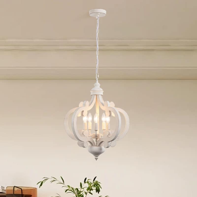 5-Light Country Wood Chandelier Light Fixture for Kitchen Island Dining Room - Retro White