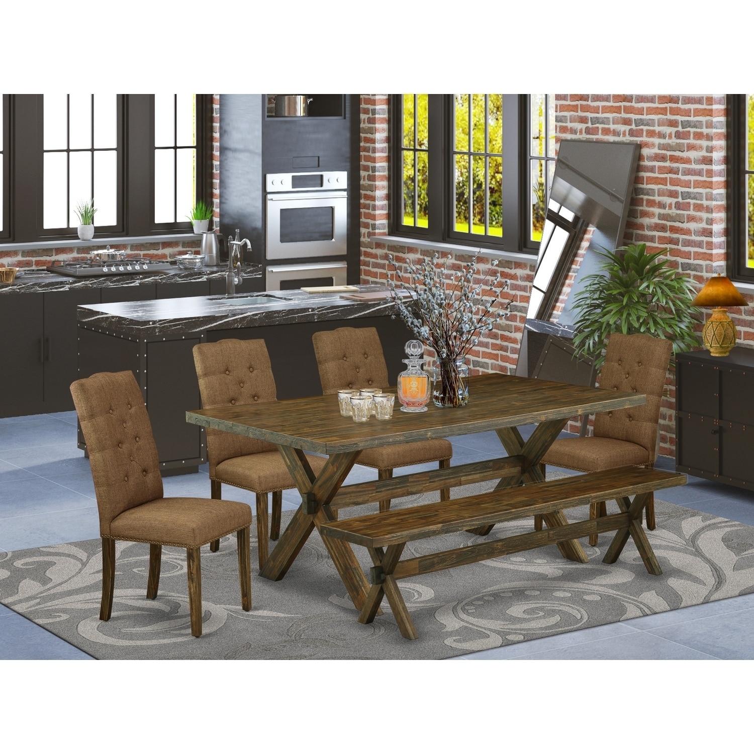 Glam Dinette Set - 6 Piece Table & Chair Set - Linen Fabric Parsons Chairs - Rectangular Dining Table & Bench