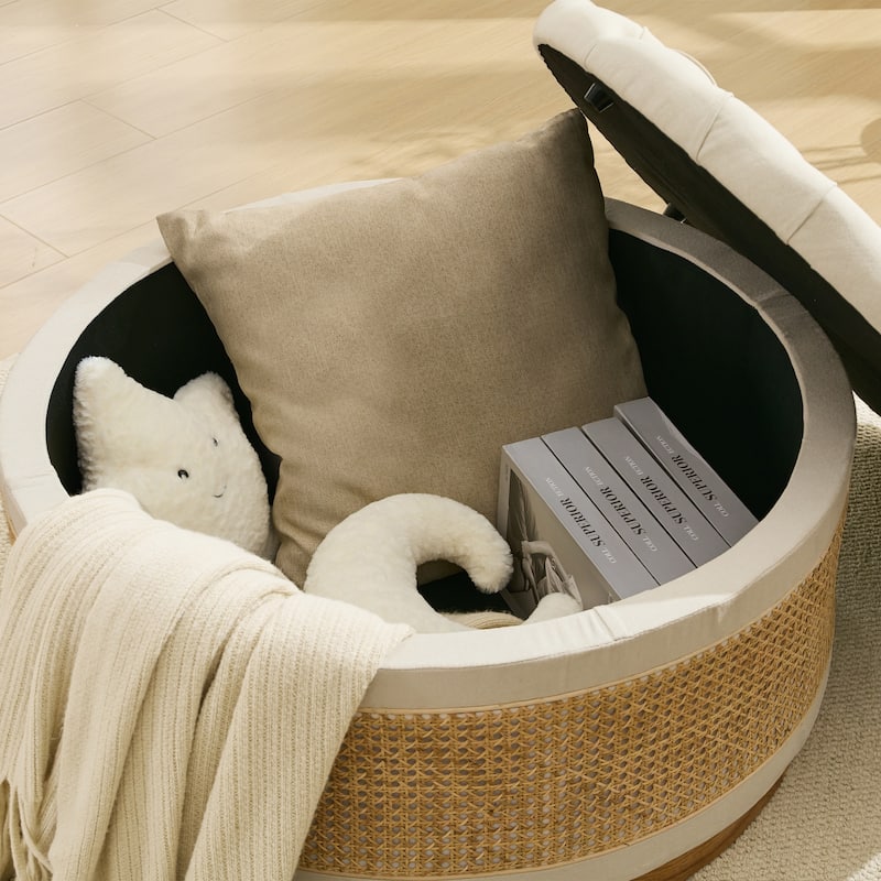 Linen & Rattan Round Storage Ottoman, Button-tufted Upholstery
