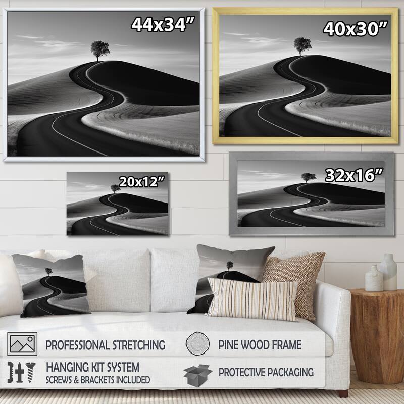 Designart "Black And White Road Photography II" Road Framed Canvas Art Print