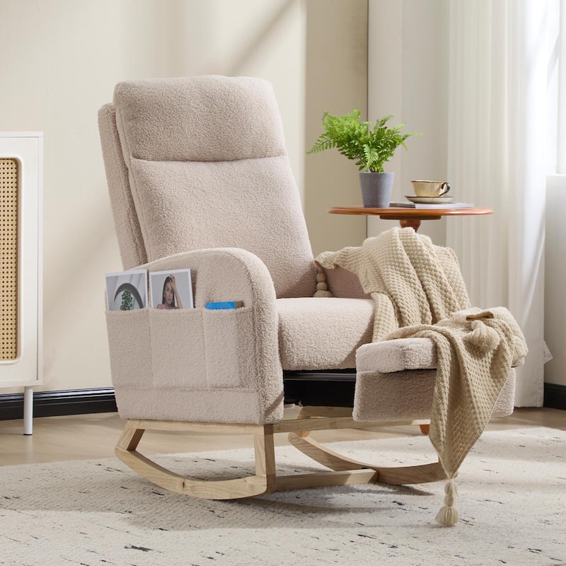 Polyester Fabric Rubber Wood Accent Rocking Chair with Side Pocket - 29.5"D x 24.8"W x 40.9"H