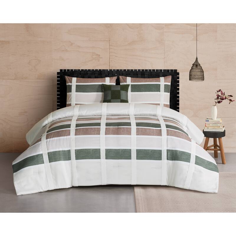 Roxy 4 Piece Reversible Comforter Set - Green, Brown, White - Queen - 4 Piece
