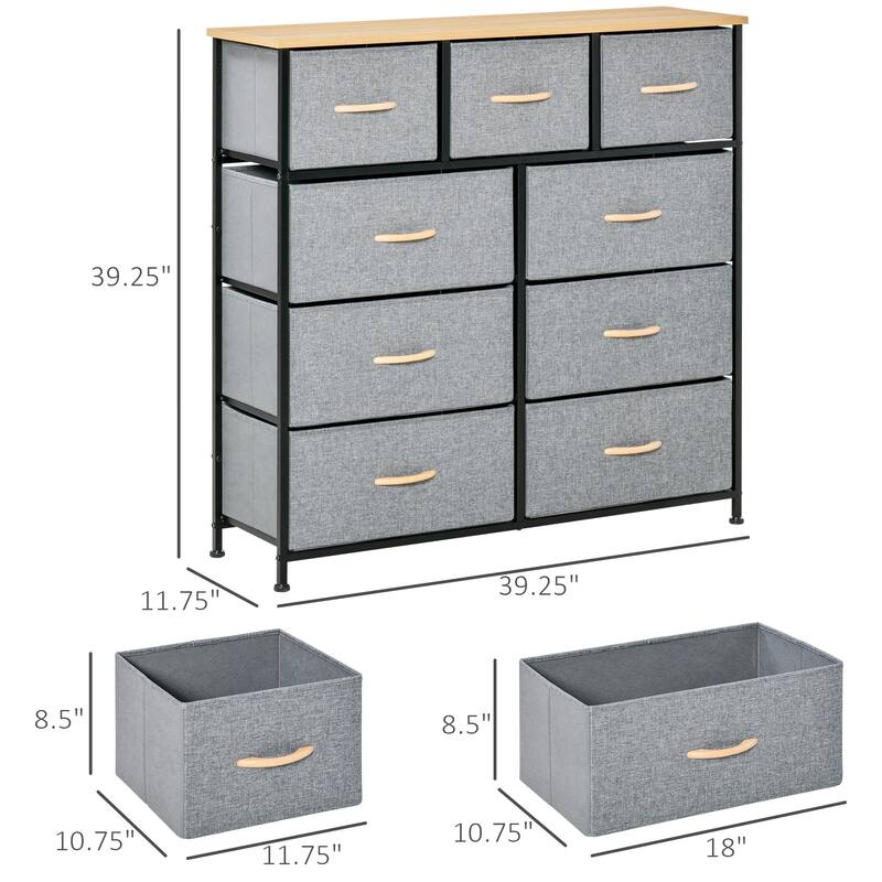 HOMCOM 9 Drawers Storage Chest Dresser Organizer Unit w/ Steel Frame, Wood Top, Easy Pull Fabric Bins, for Bedroom, Hallway