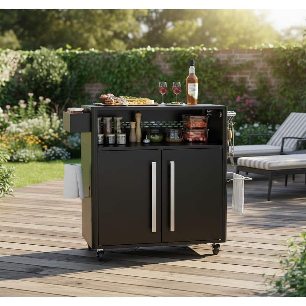 Black Outdoor Grill Cart, with Wheels
