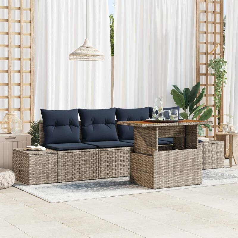 vidaXL 5 Garden Sofa Set with Cushions Black/Grey Poly Rattan - 115.8 x 24.4 x 27.2 - Grey