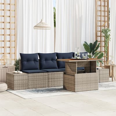 vidaXL 5 Garden Sofa Set with Cushions Black/Grey Poly Rattan - 115.8 x 24.4 x 27.2