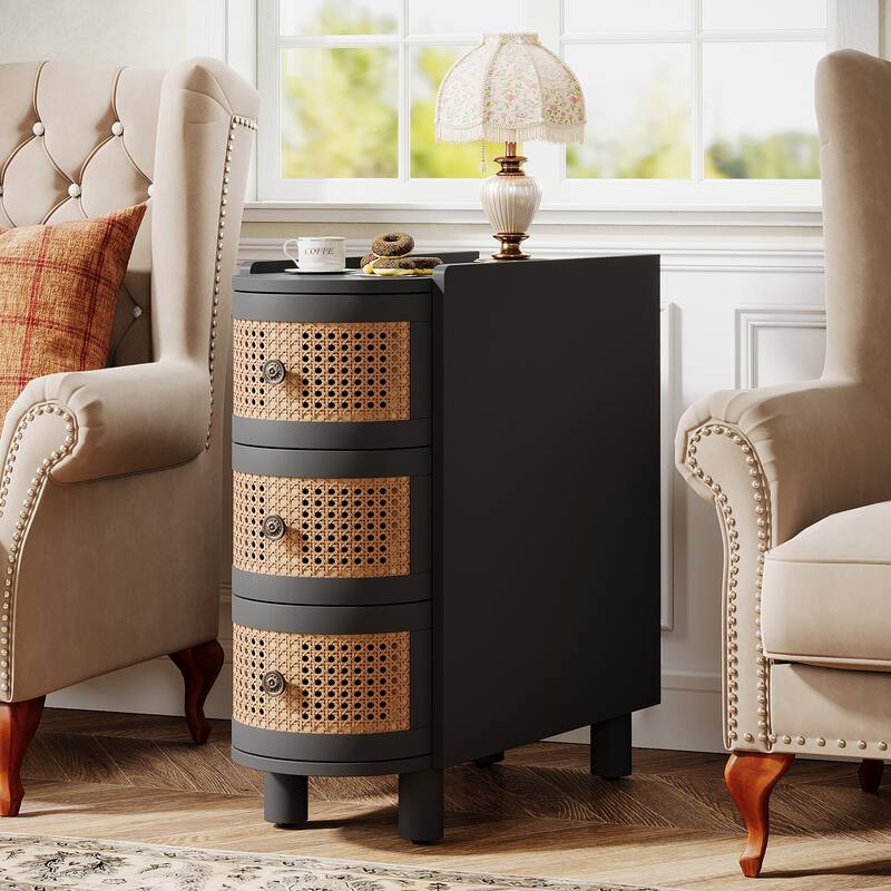 3-Drawer Solid Wood End Side Table Rattan Nightstand Bedside Table