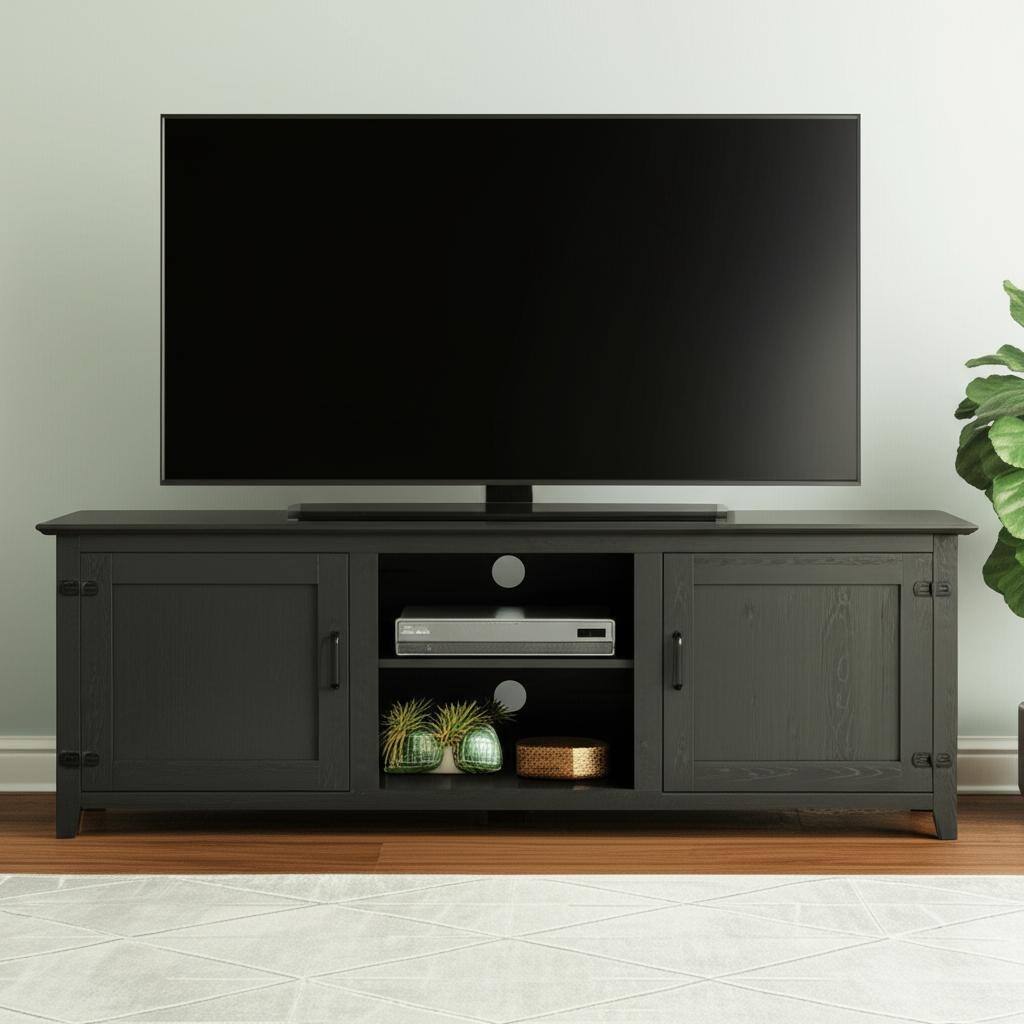 HomeRoots 70" Black Wood Enclosed and Open Storage TV Stand - 70.08 in. x 24.8 in. x 15.35 in.