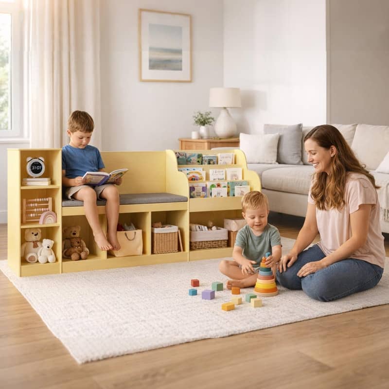 67" Kids Reading Nook with Bench for Child, Toy Storage Organizer with Seat Cushion