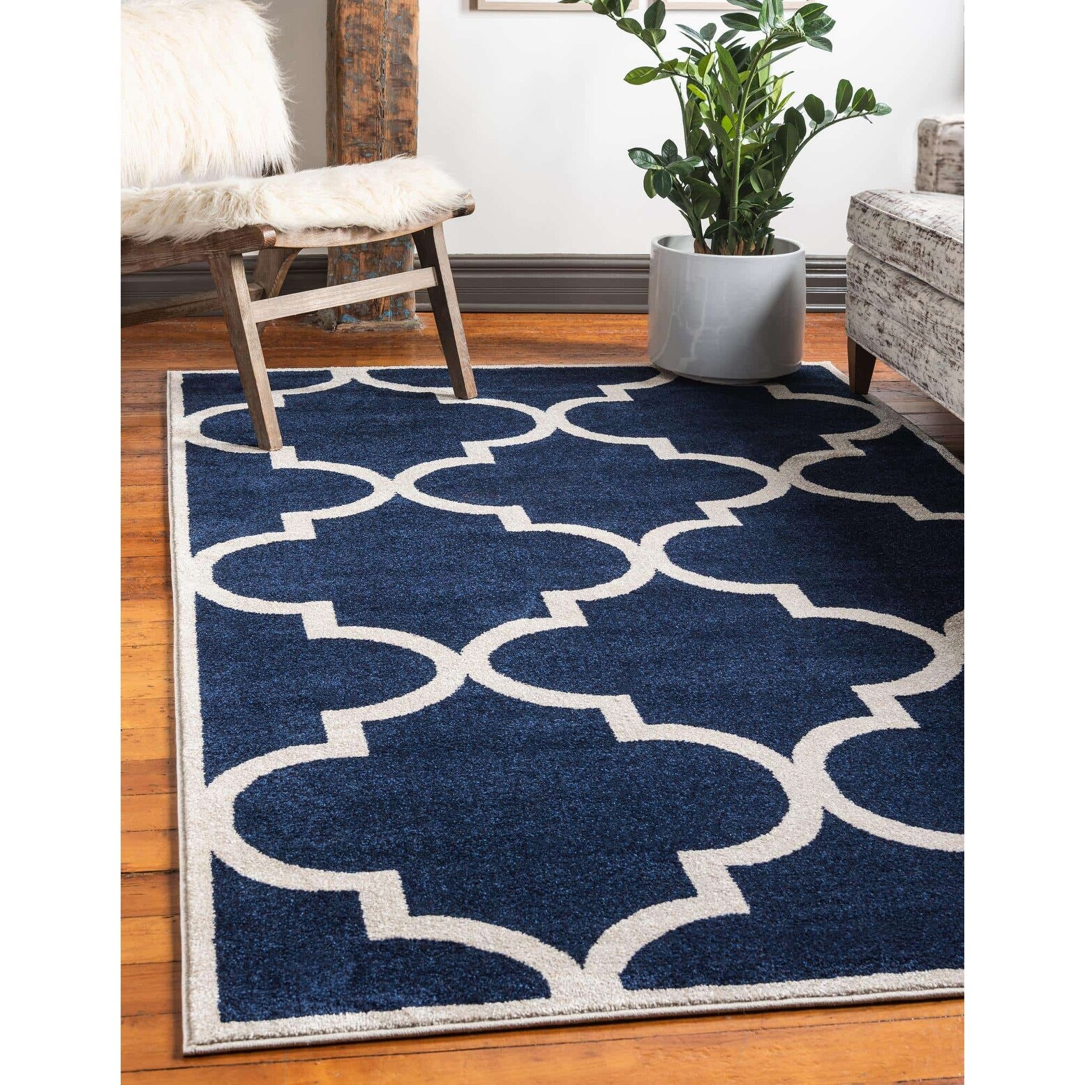 Bedroom Rug Reversible Rug Carpet Exclusive Collection ROYAL NAVY & WHITE Lattice  Handwoven Rug