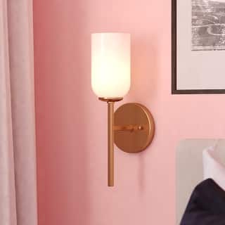 Shelby Natural Brass Gold Transitional Lighting Fixture, Frosted White Opal Glass Cylinder Shade, Dimmable, LED Compatible