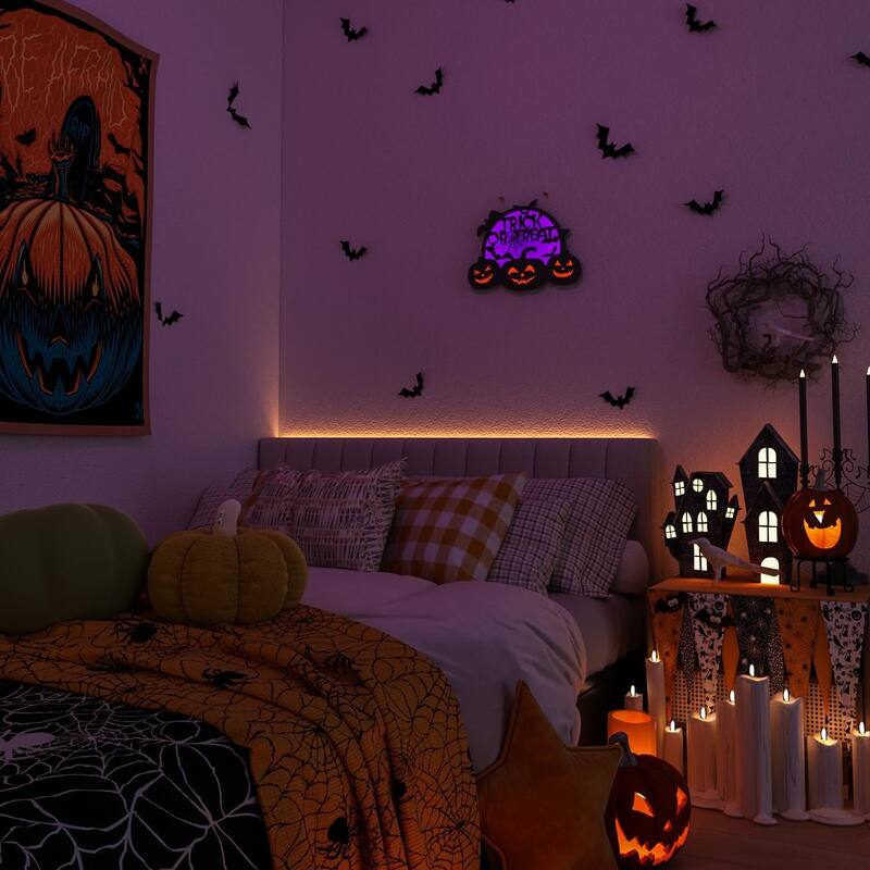 2D LED Pumpkin & Bat Motif Light, 14" Battery/USB-Powered Halloween Silhouette