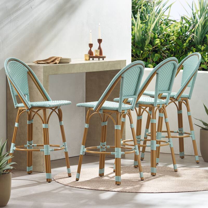 Shelton Wicker and Aluminum Outdoor 29.5 Inch Barstools by Christopher Knight Home - Light Teal/Bamboo Finish