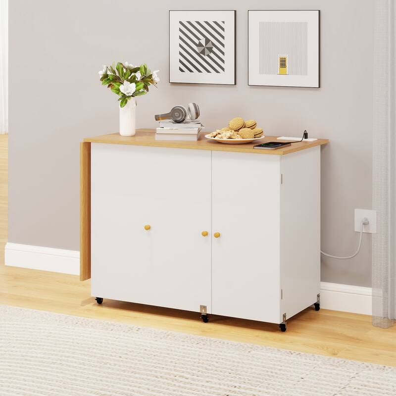 Moasis Folding Sewing Craft Table Computer Desk with Charger Charging Station & Storage Shelves Cabinet