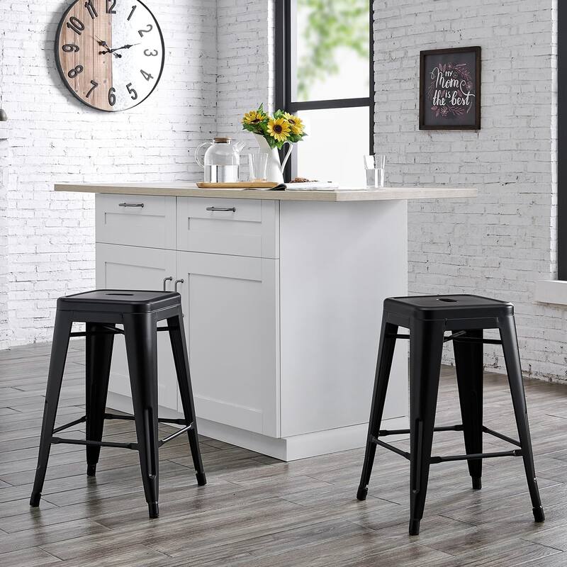 Backless Light Weight Industrial Vintage Costal Metal Bar Stools Without Back and 4 Leg Design (Set of 2)(24" Seat)