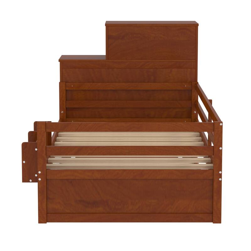 Multifunctional Twin Wood Platform Bed with Bookshelf, Wardrobe, and Trundle, Walnut Finish