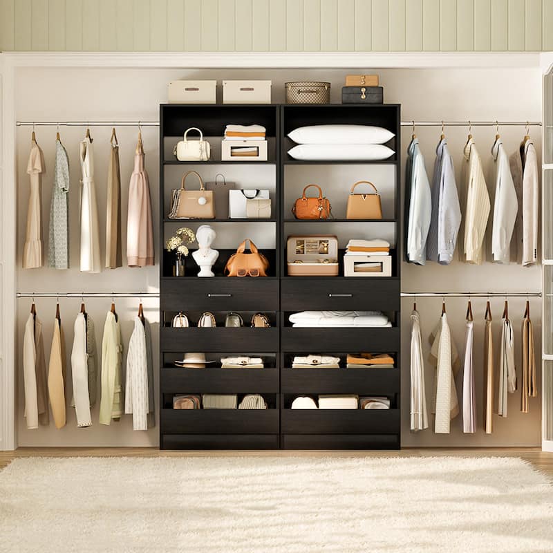 Qvella 95''-136'' W Closet System with 8 Wooden Drawers and 4 Hanging Rods, Walk-in Closet Organizer with 6 Storage Shelves - Black