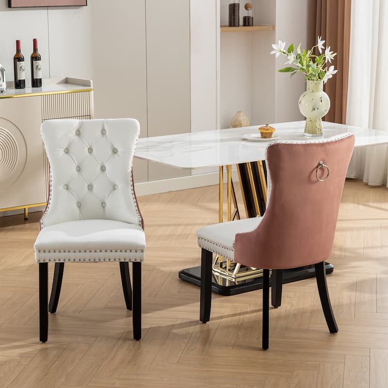 2PCS PU and Velvet Dining Chair with Wood Legs