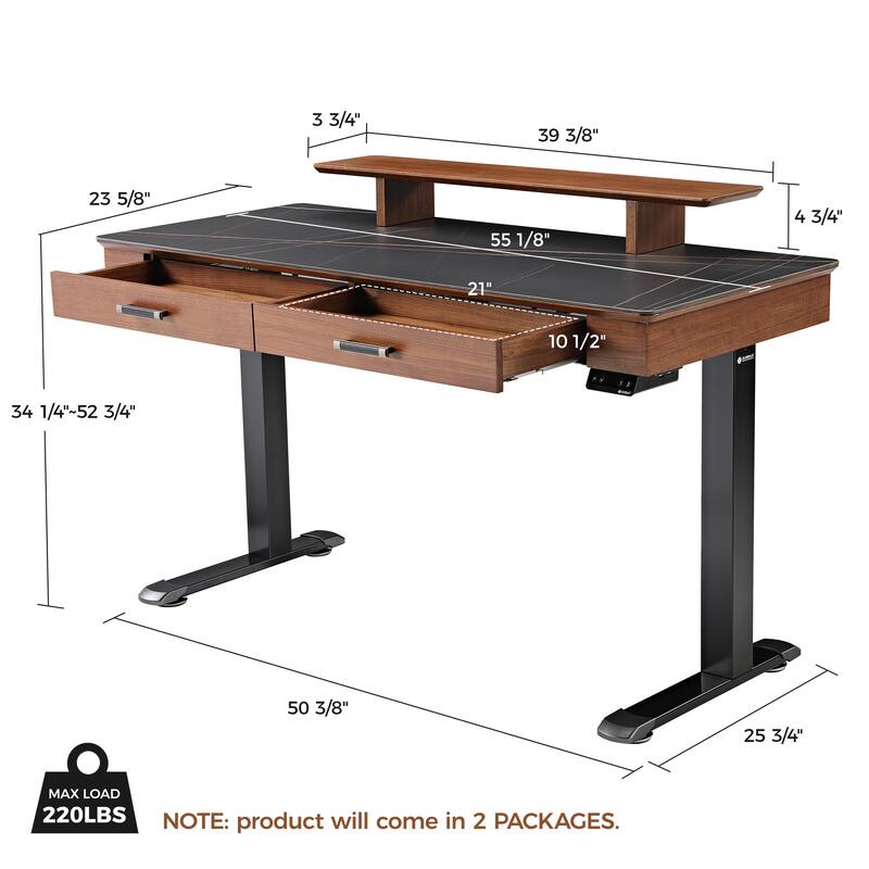 Eureka Ergonomic 55" Slate Stone Standing Desk Executive Writing Desk with 2 Drawers & Monitor Stand