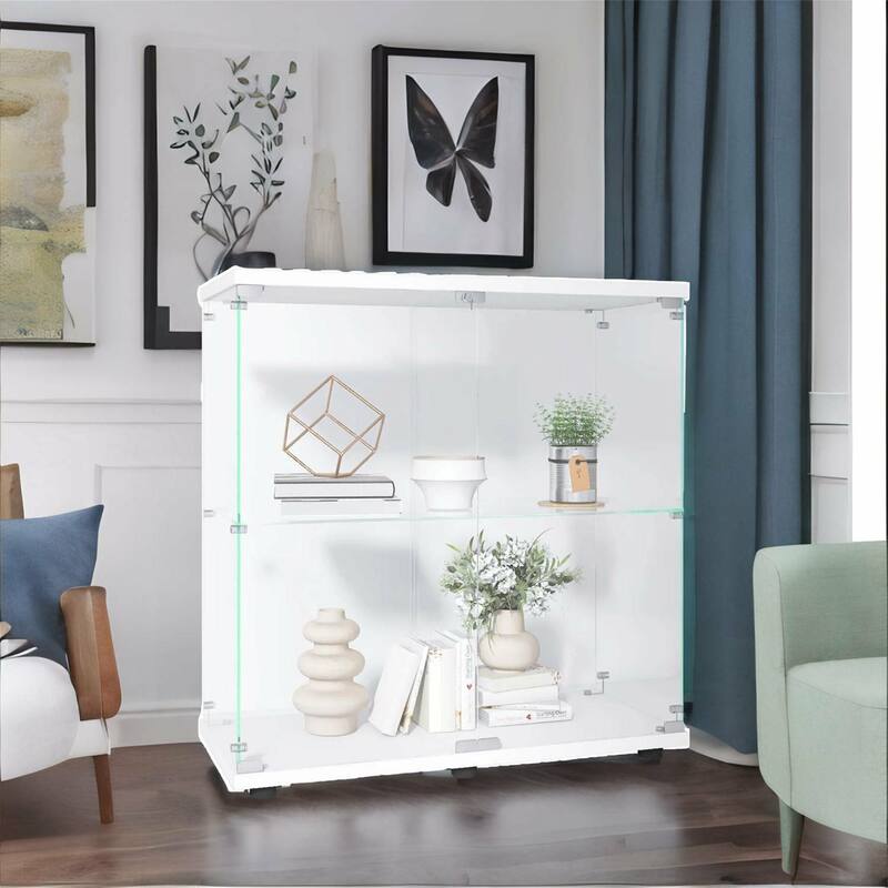Two Door Glass Display Cabinet 2 Shelves for Living Room