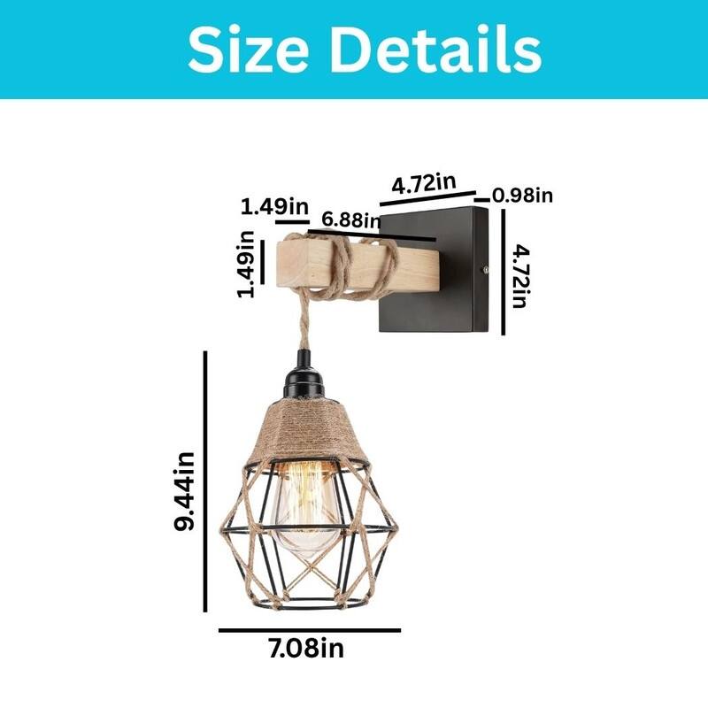 Frideko wall sconces natural wood wall lighting hemp rope, metal, wood modern wall light