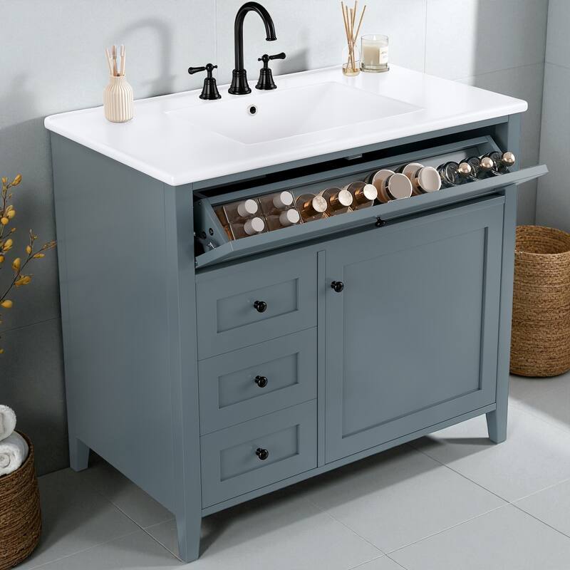 36-Inch Bathroom Vanity with Sink, MDF and Solid Wood Cabinet, 3 Drawers and Adjustable Shelf, Freestanding Design