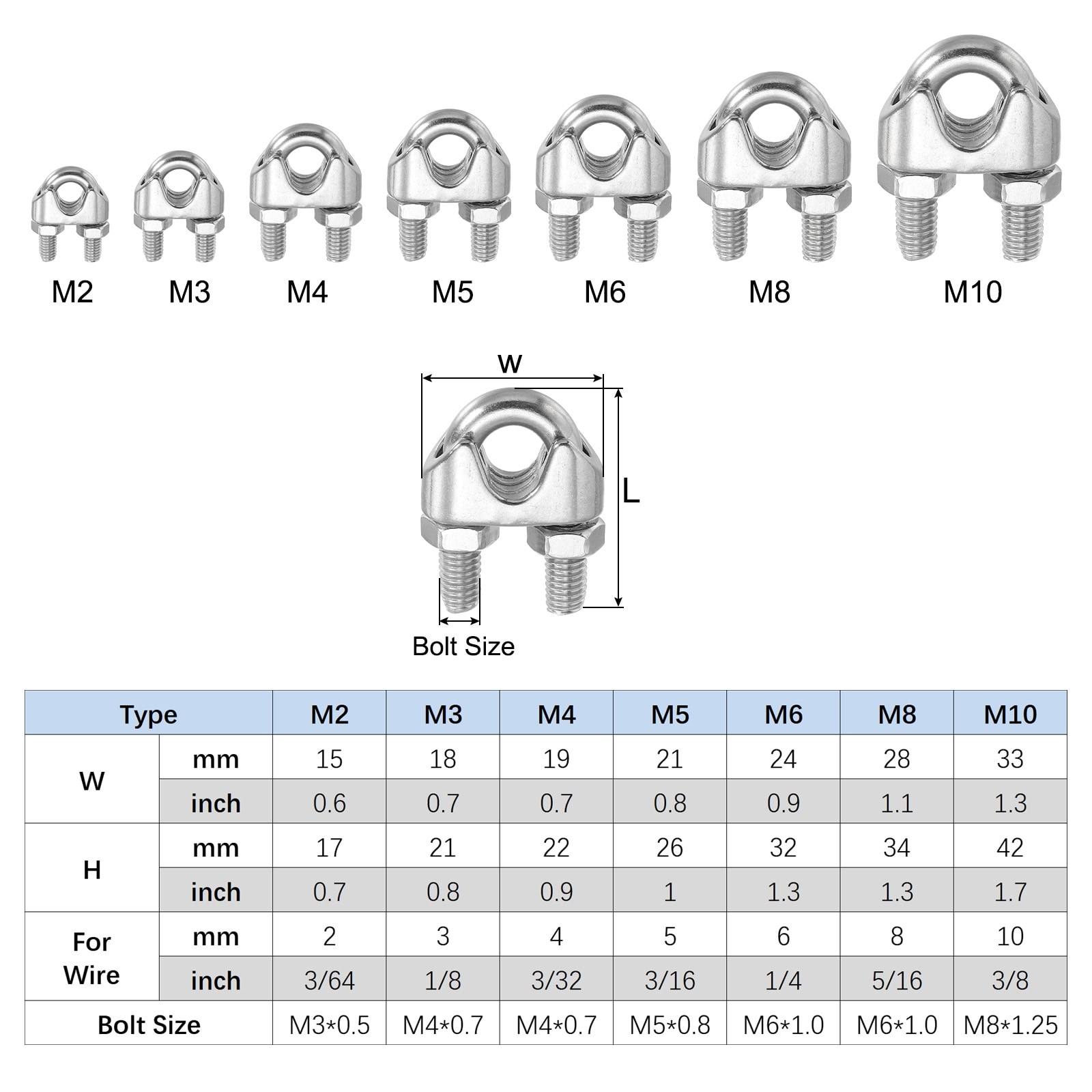 Wire Rope Clip, 6 Pcs, 304 Stainless Steel, Cleaner, Deeper