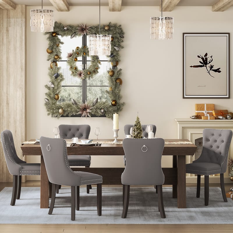 Upholstered Tufted Velvet Dining Chair with Solid Wood Legs Set of 6 - Grey