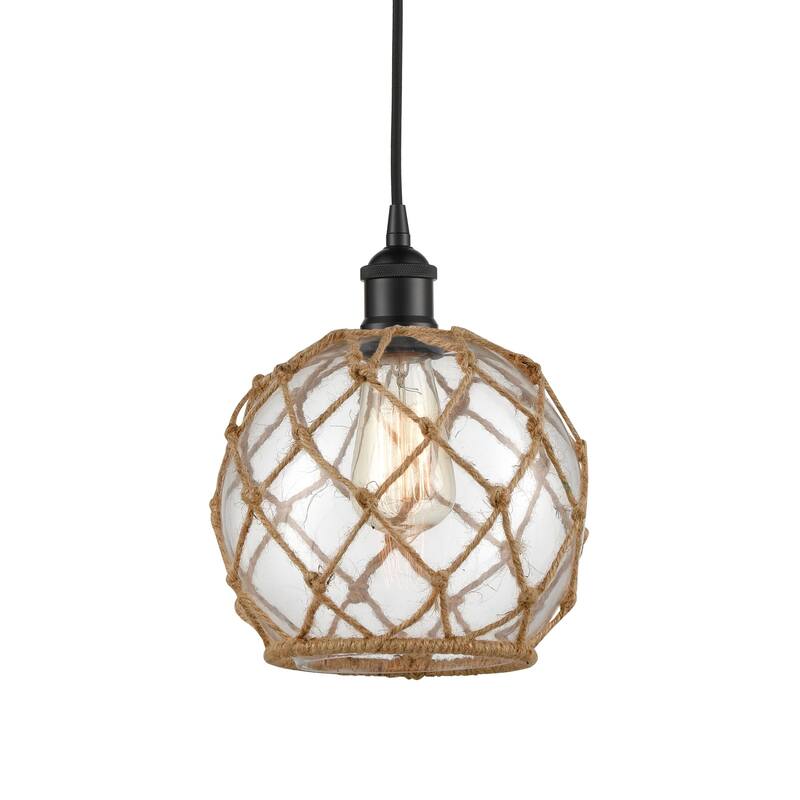 Innovations Lighting 616-1P-11-8 Farmhouse Pendant Farmhouse 8" Wide - Matte Black / Clear Glass with Brown Rope