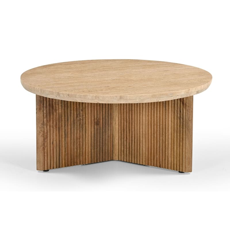 Modrest Pawnee Modern Travertine Marble & Wood Round Coffee Table