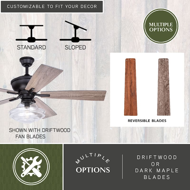 Huntley 52-in. Bronze Farmhouse Indoor Ceiling Fan with Schoolhouse LED Light Kit and Remote - 52-in W x 21.7-in H x 52-in D