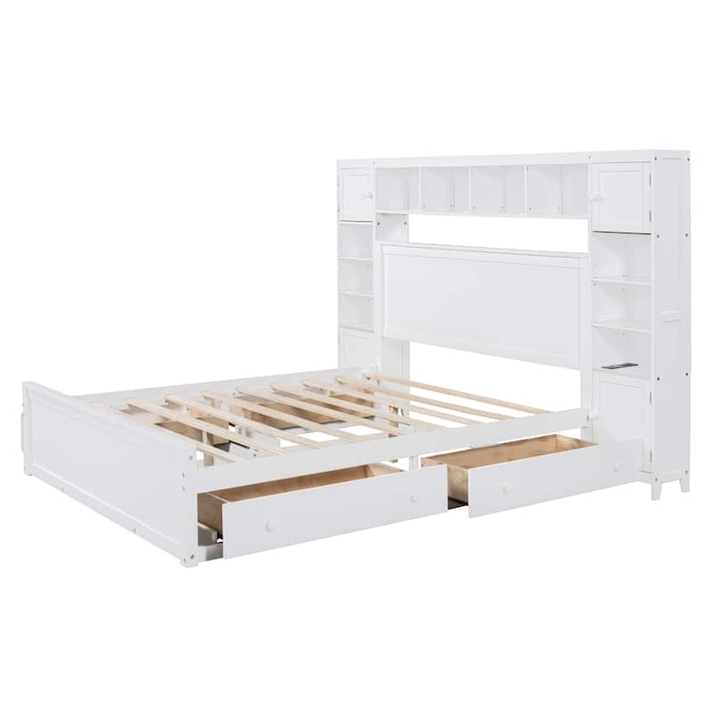 Queen Size Wooden Bed with Built-in Outlets, Storage Drawers, and Shelves, White