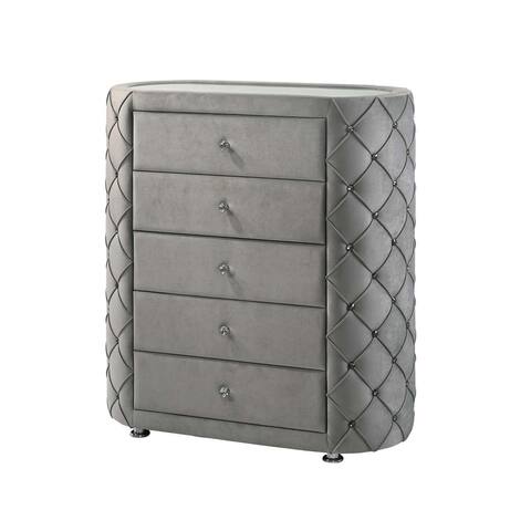 5 Drawers Velvet Upholstered Chest with Button Tufting, Grey