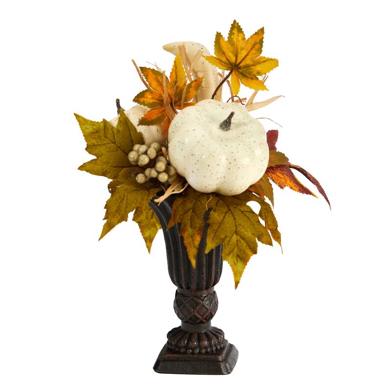 Fall Harvest Pumpkin Arrangement with Berries in Wood Vase - 16 Inch Artificial Decor - Orange - 13