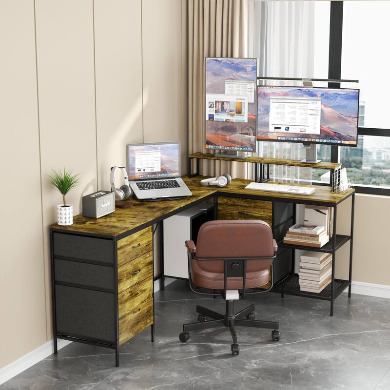 Anmytek Rustic Industrial L Shaped Desk with Power Outlets USB C 6 Fabric Drawers 3 Open Shelves Movable Monitor Stands