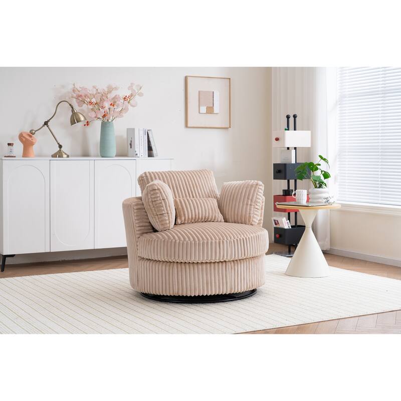 360 Degree Rotation Swivel Chair Corduroy Barrel Chair for Living Room with Pillows