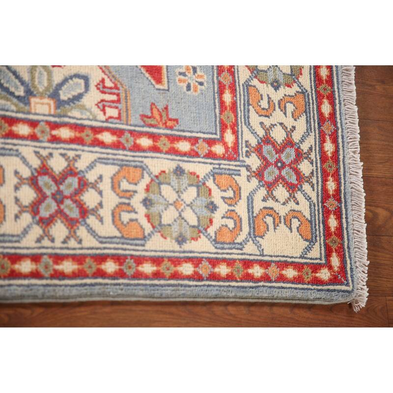 Light Blue Geometric Kazak Oriental Rug Handmade Wool Carpet - 3'2"x 4'8"