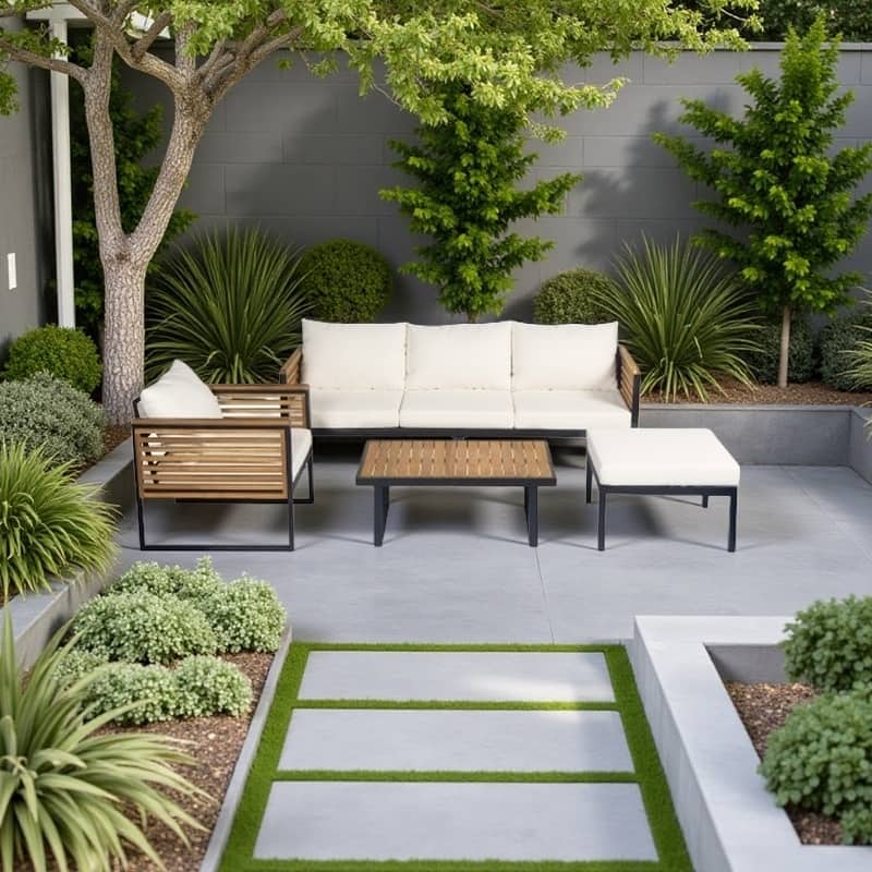 3-Piece Outdoor Patio Furniture Set with Wood Frame and Cushioned Seating, Industrial Style Sofa Set with Table and Ottomans