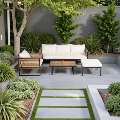 3-Piece Outdoor Patio Furniture Set with Wood Frame and Cushioned Seating, Industrial Style Sofa Set with Table and Ottomans