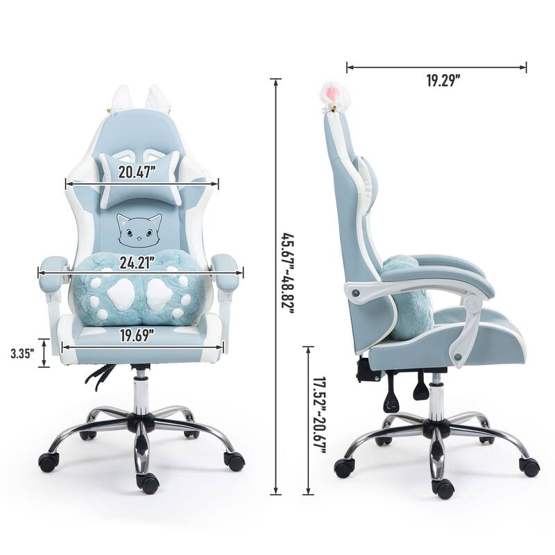 Cute Gaming Chair with Cat Paw Lumbar Cushion and Cat Ears, Ergonomic Computer Chair,Reclining PC Game Chair