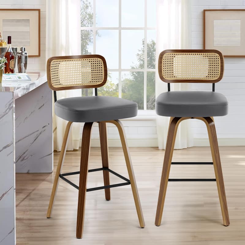 26"/29" Swivel Bar Stools/ Counter Stools with Bentwood Legs - Set of 2 - Grey-Rattan Back - Bar Height