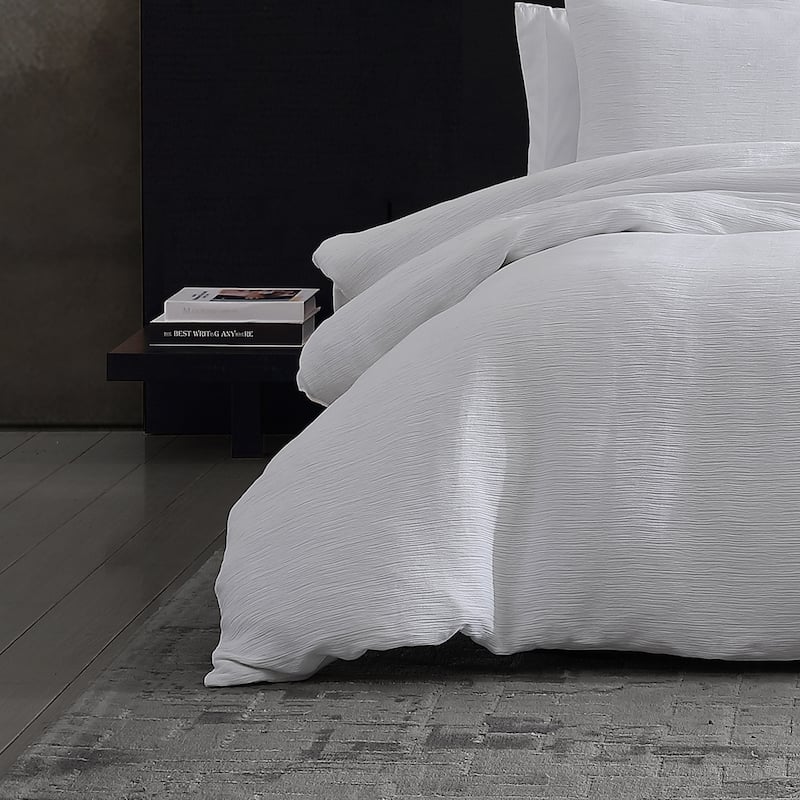 Vera Wang Solid Textured Pleats White Duvet Cover Set