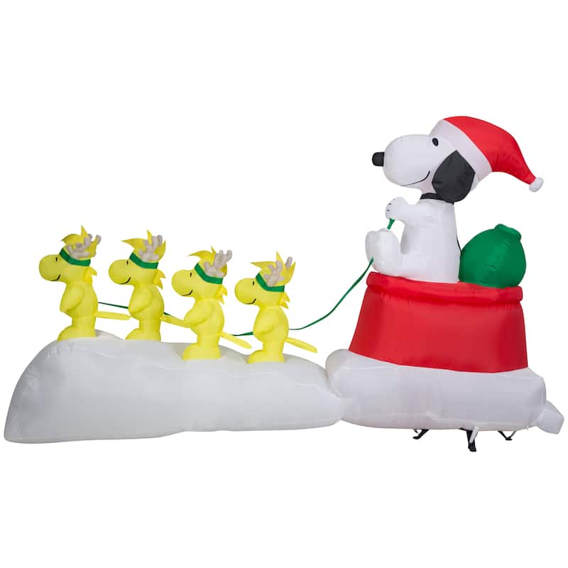 Gemmy Christmas Airblown Inflatable Snoopy in Dog Bowl Sleigh w/Woodstocks Scene Peanuts, 5 ft Tall