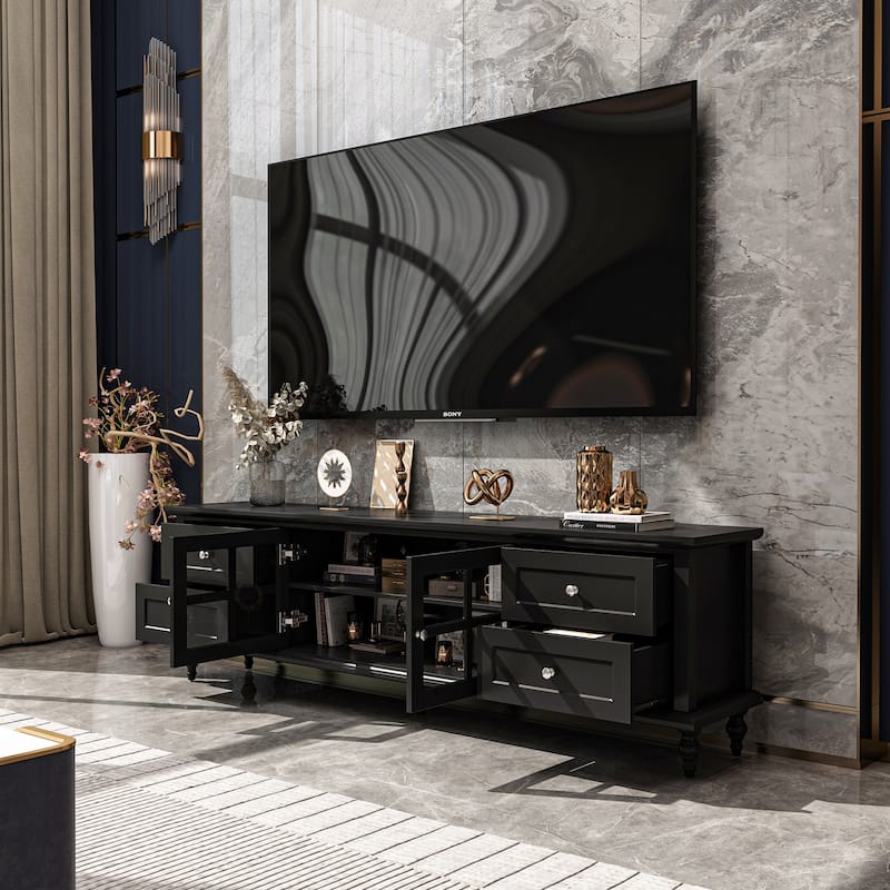 Modern White TV Stand w/Glass Doors and Drawers Entertainment Console - 70.9"