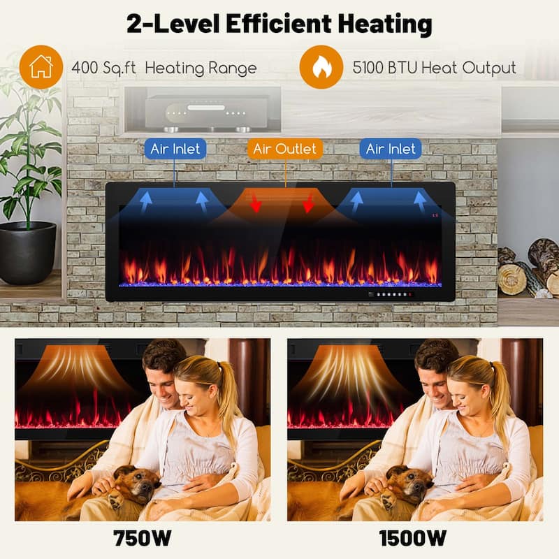 Costway 40"/50"/60" Linear Electric Fireplace 1500W Recessed