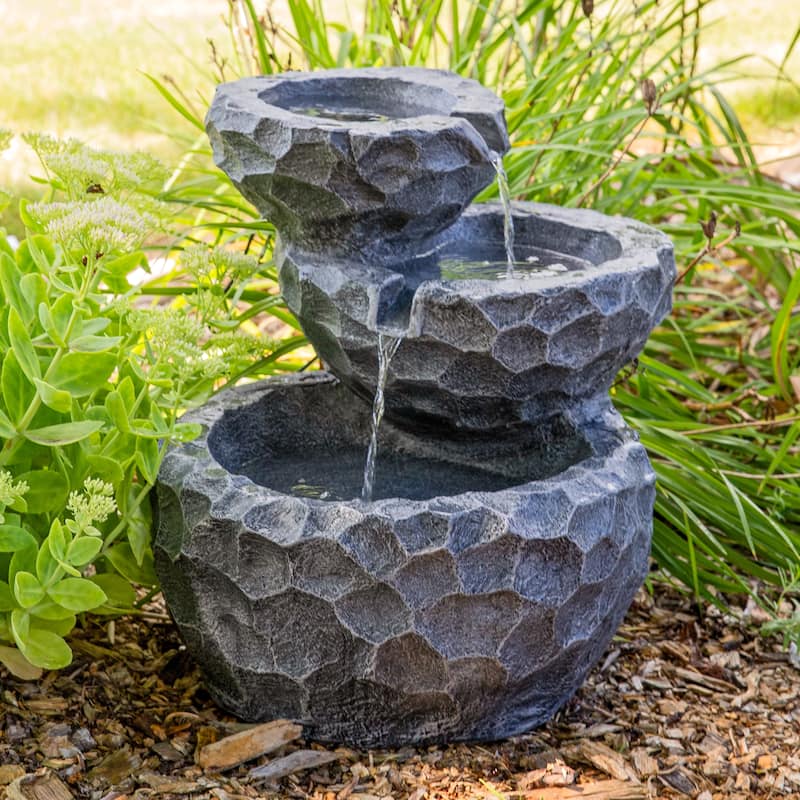 3-Tier Chiseled Basin Solar Outdoor Water Fountain with Battery - 17"
