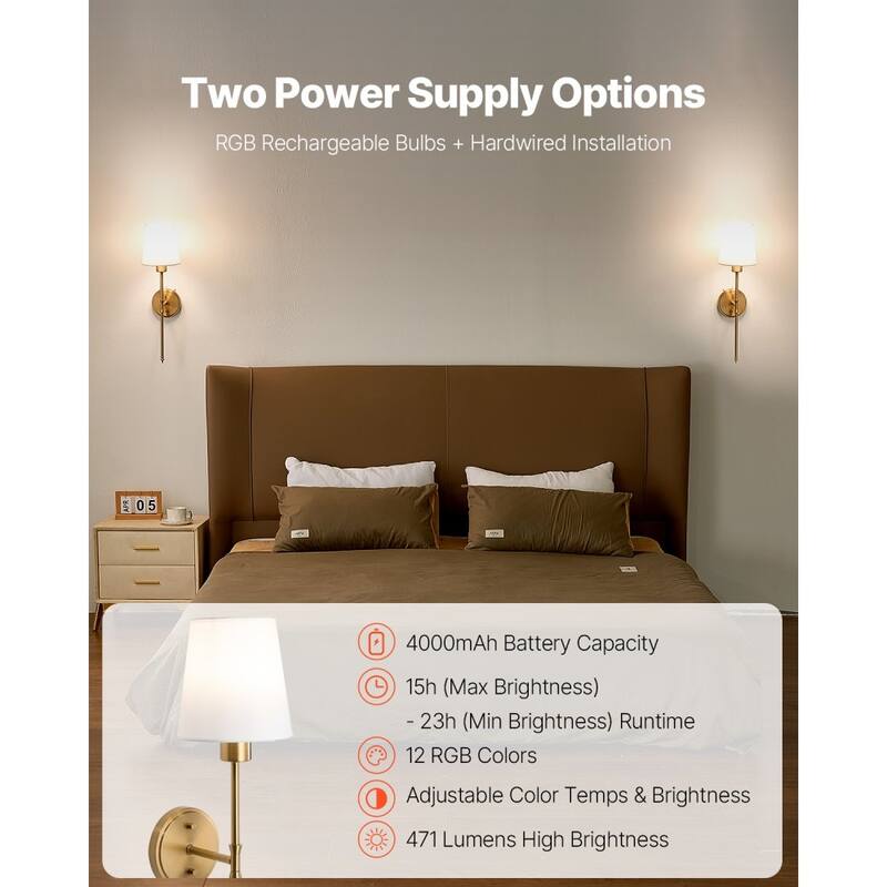 Gold and White Rechargeable Battery-Operated Wall Sconces with 12 RGB Colors - 23.82 x 6.69 x 8.39 in