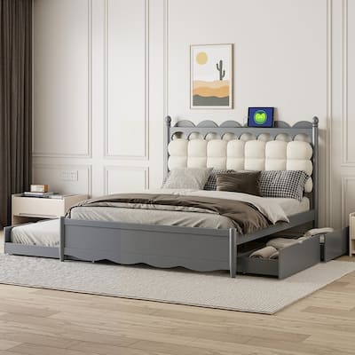 Wooden Storage Platform Bed with USB Ports
